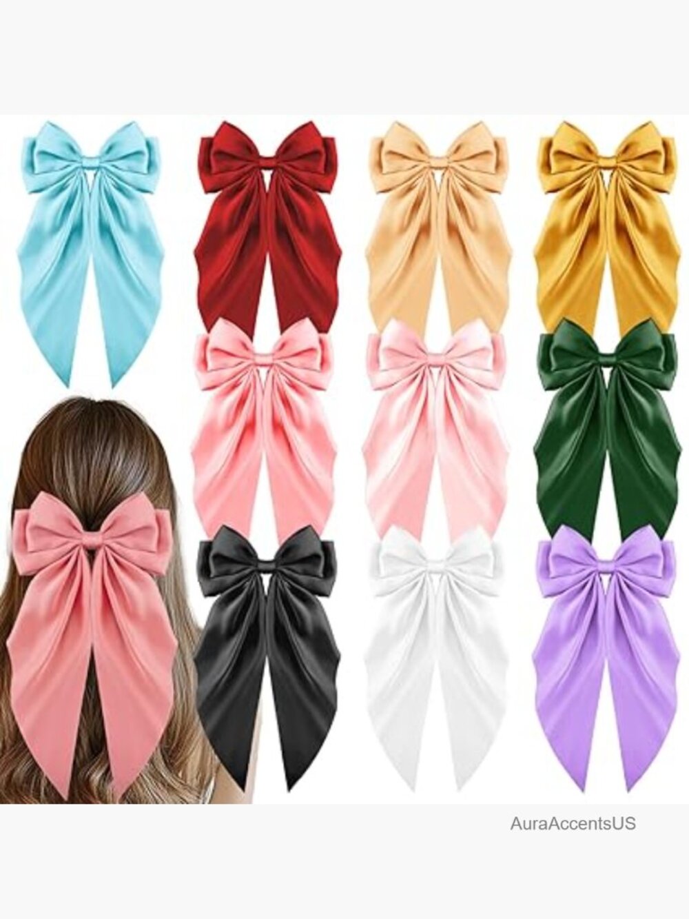 10 Large Satin Hair Bows for Women Long Tail Hair Clips Set